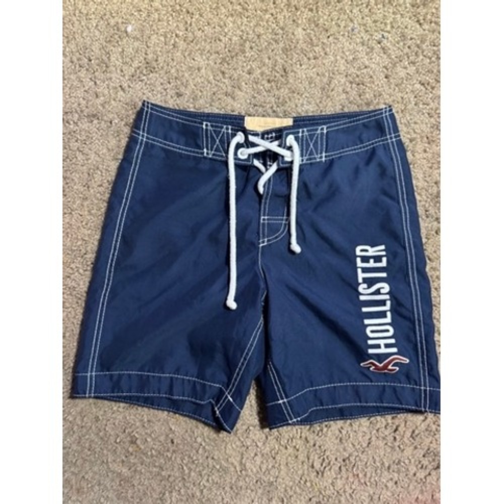 Hollister Mens Navy Blue Board Shorts Y2K Logo Swim Trunks XS - Picture 2 of 4